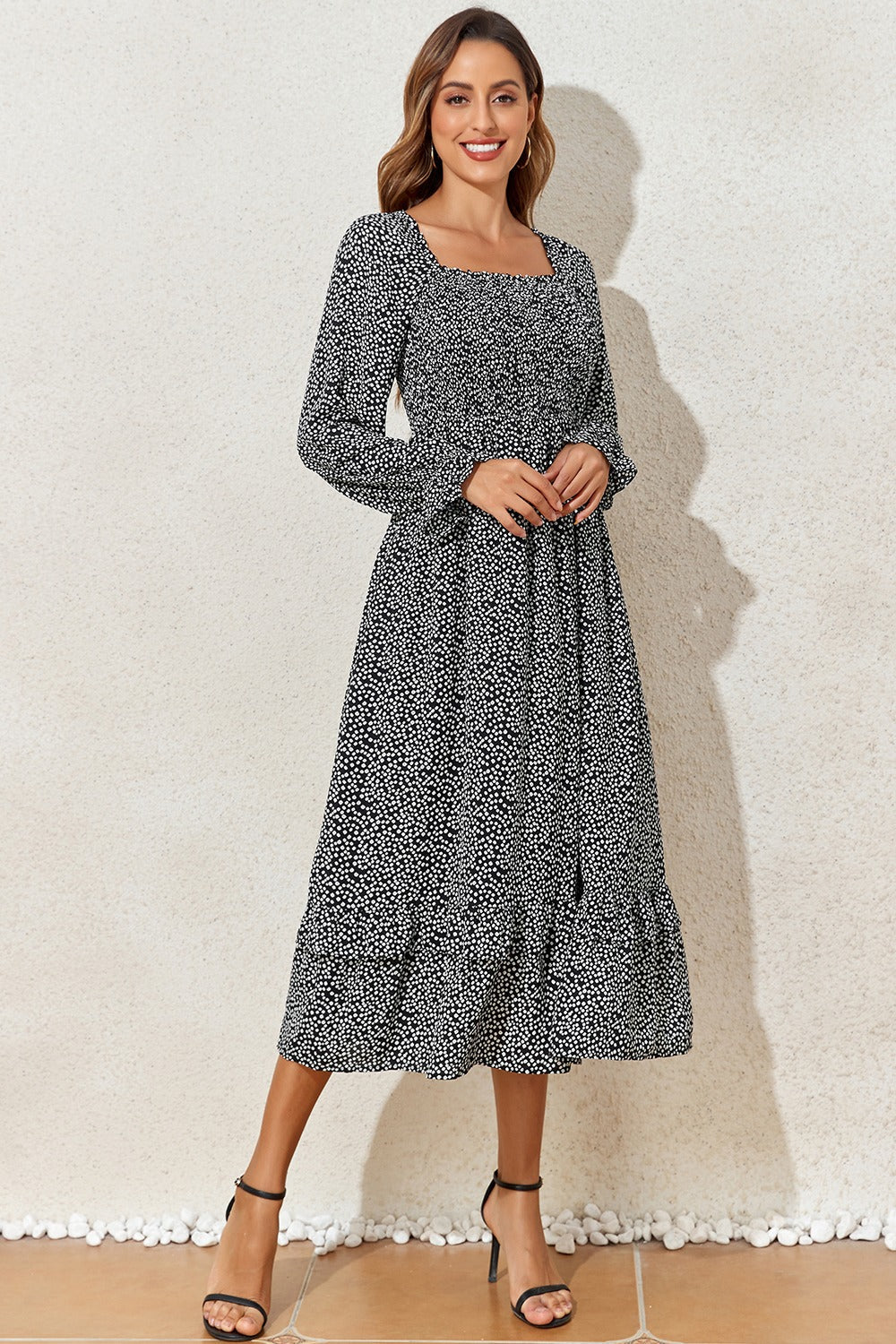 Printed Square Neck Long Sleeve Midi Dress Trandify Deal