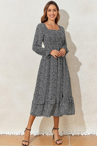 Printed Square Neck Long Sleeve Midi Dress Trandify Deal