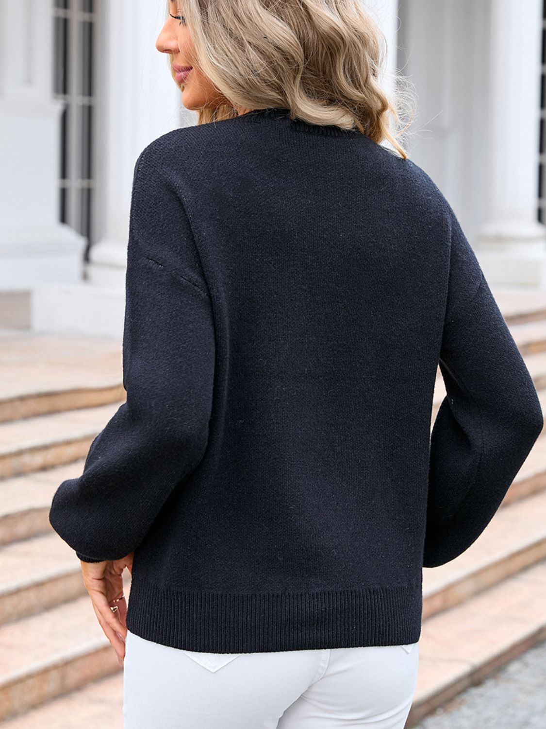 Bow Graphic Round Neck Long Sleeve Sweater Trandify Deal