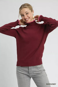 Women's soft ribbed sweater with ruffle contrast trim neckline, casual knit top