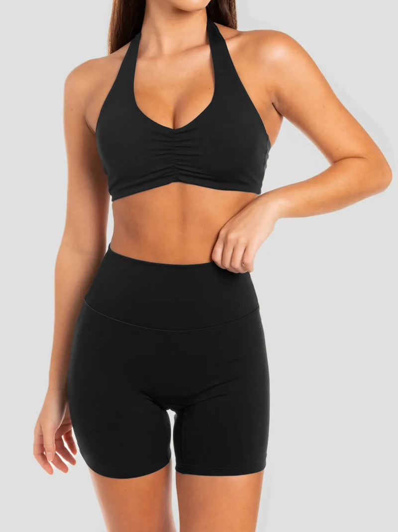 Breathable workout clothes for women – adjustable halter neck cami and shorts set