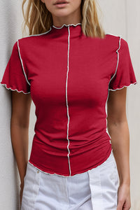 Basic Bae Contrast Trim Mock Neck Short Sleeve T-Shirt - Trandify Deal