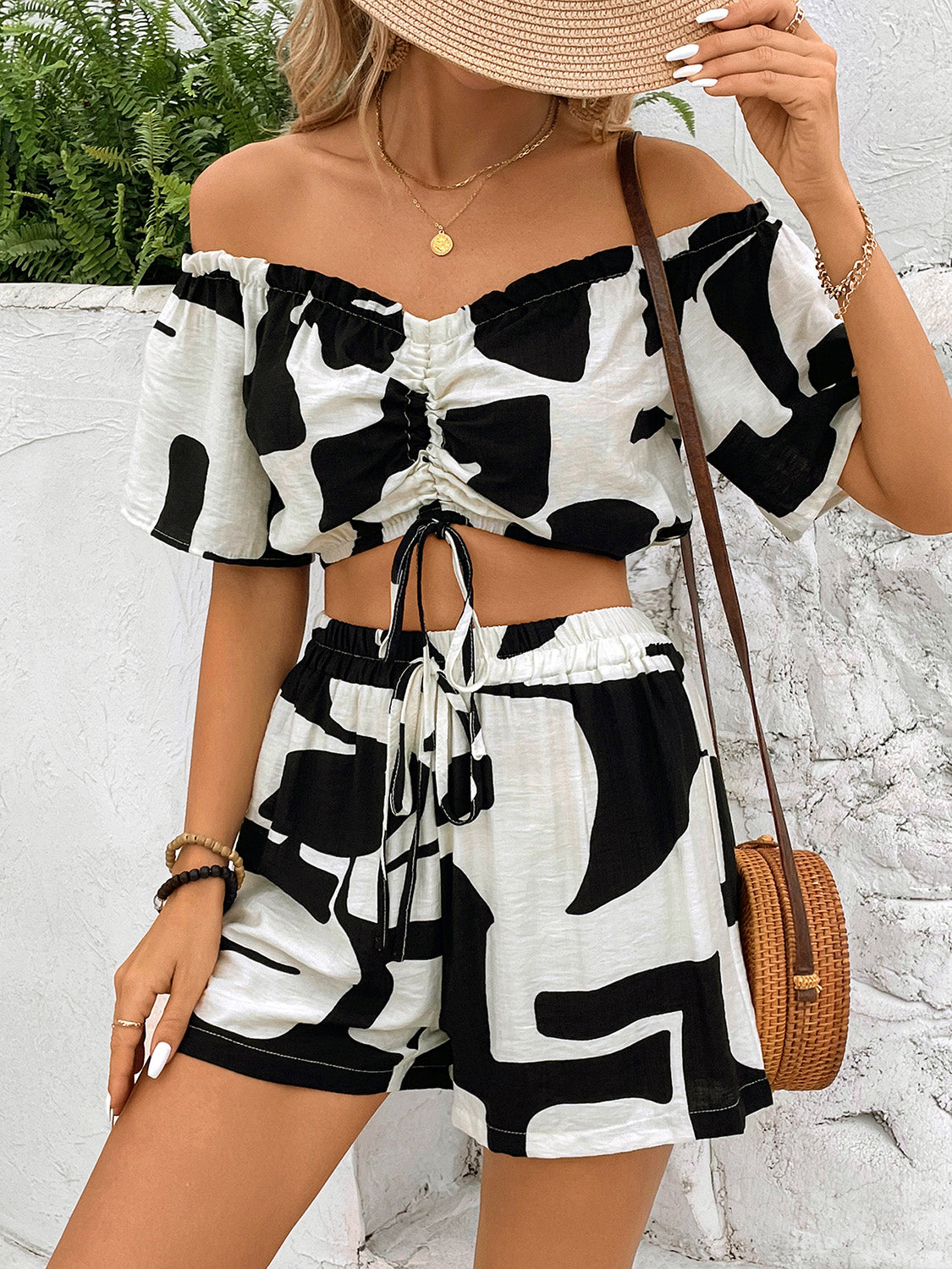 Perfee Drawstring Off-Shoulder Top and Shorts Set Trandify deal