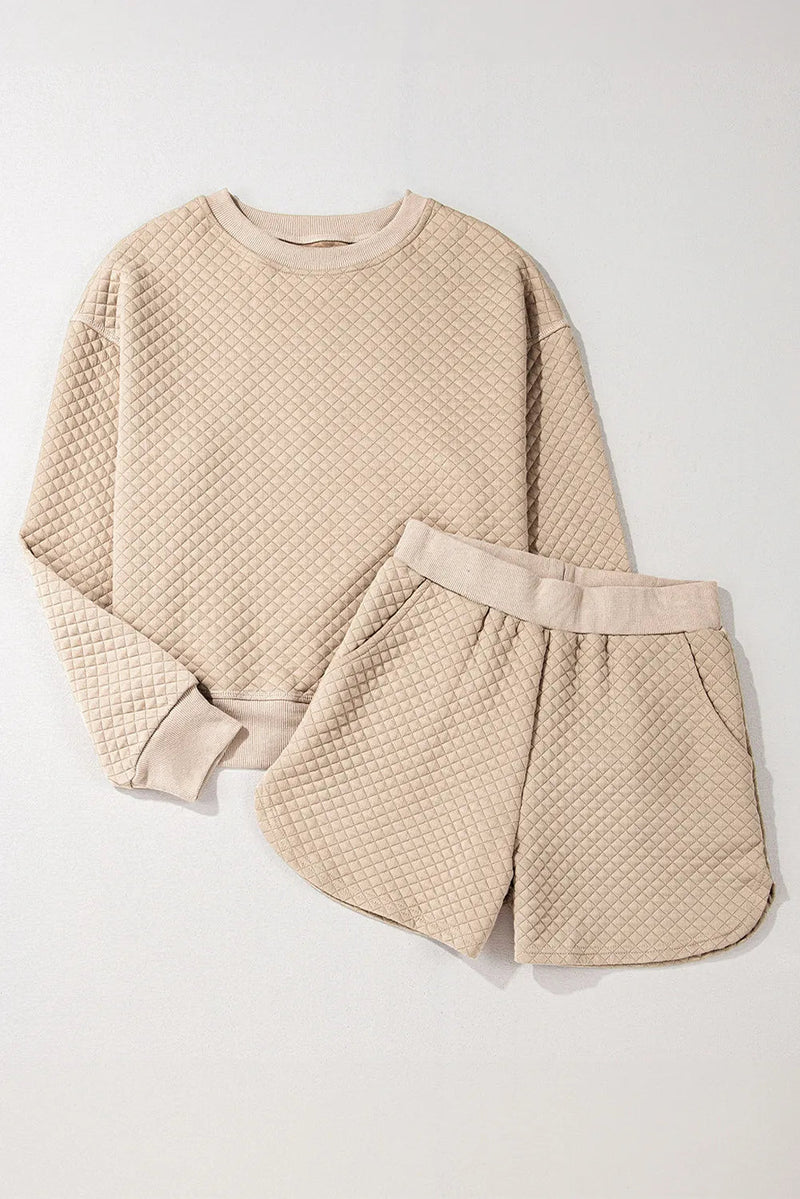 Quilted Round Neck Long Sleeve Top and Shorts Set Trandify deal