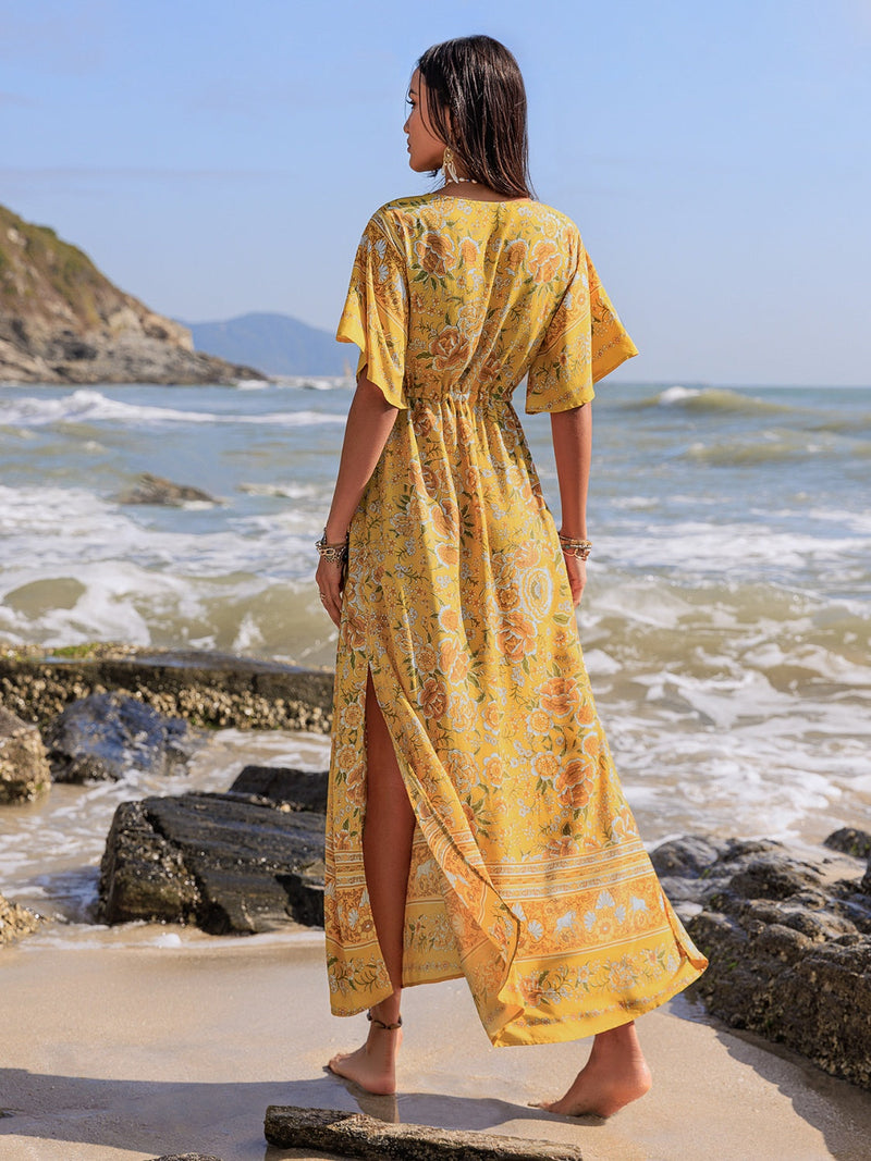 Drawstring Printed Plunge Half Sleeve Dress Trandify Deal