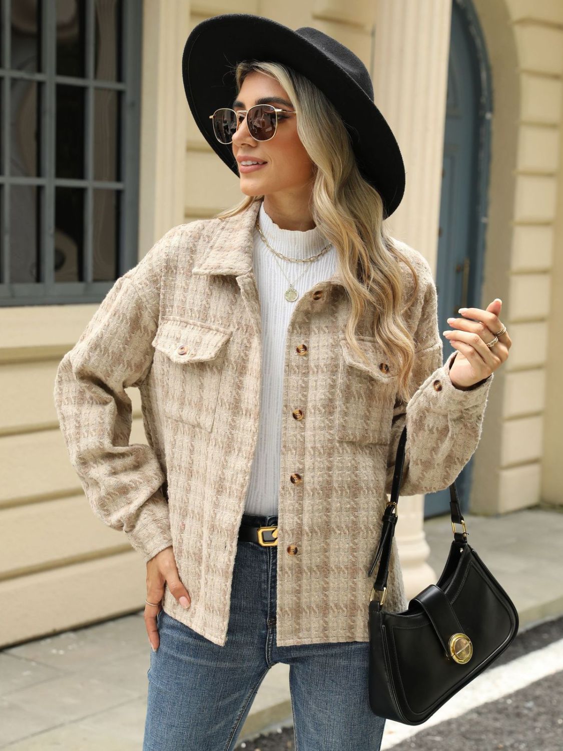 Plaid Collared Neck Long Sleeve Jacket Trandify Deal