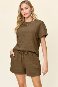 Double Take Full Size Texture Short Sleeve T-Shirt and Drawstring Shorts Set - Trandify Deal