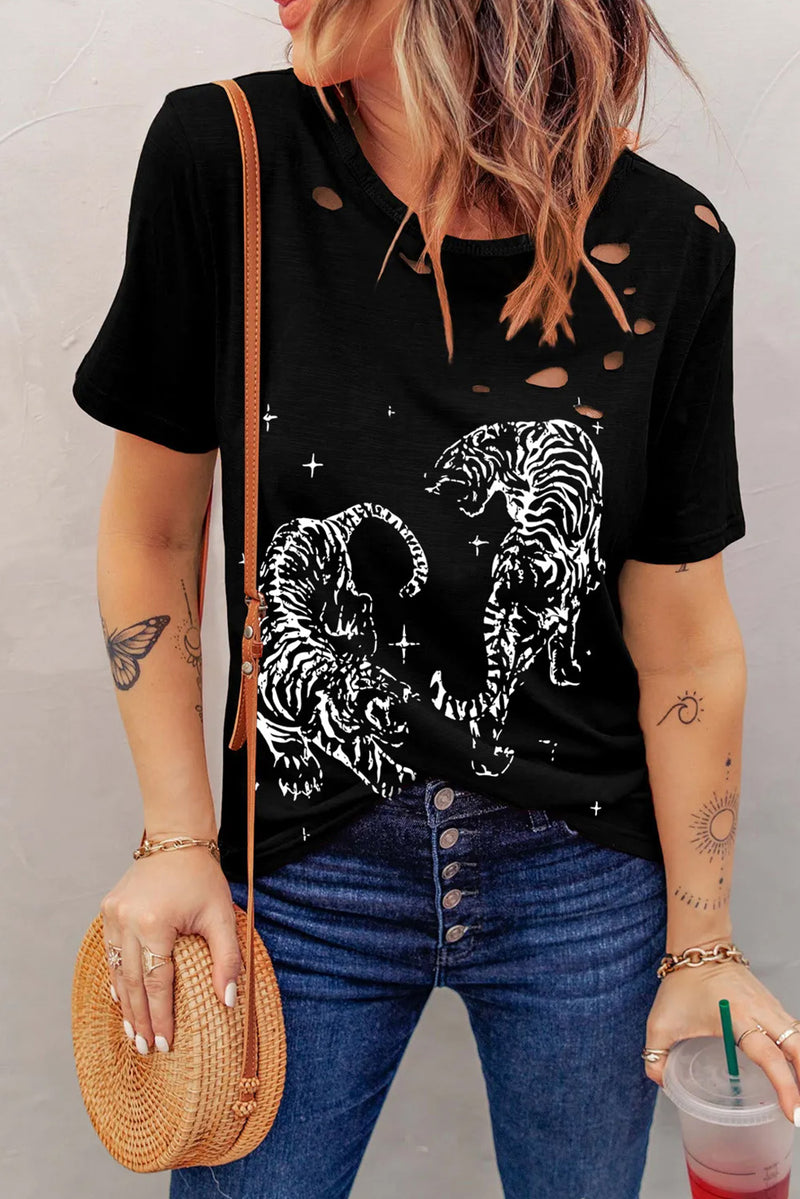 Cutout Graphic Round Neck Short Sleeve T-Shirt - Trandify Deal