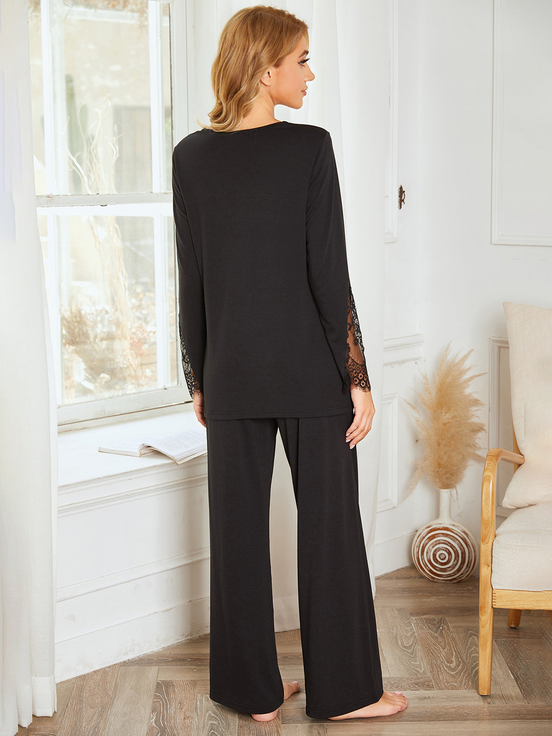 Lace Detail Long Sleeve Top and Pants Lounge Set Trandify Deal