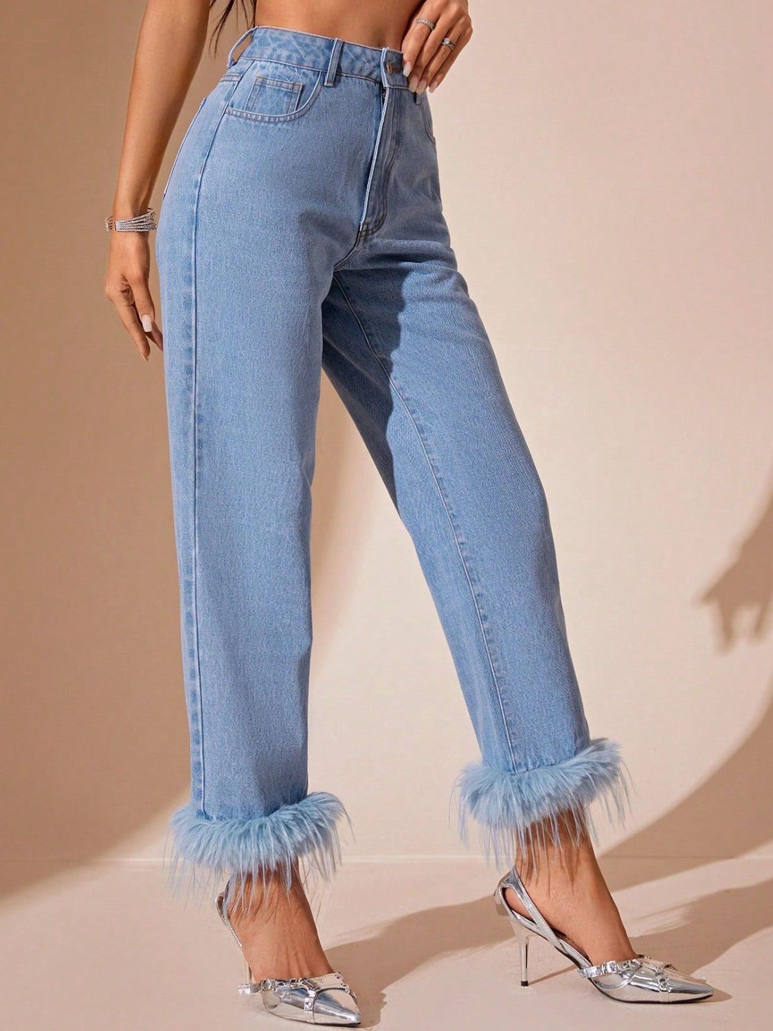 Plush Hem High Rise Straight Jeans - Trandify Deal