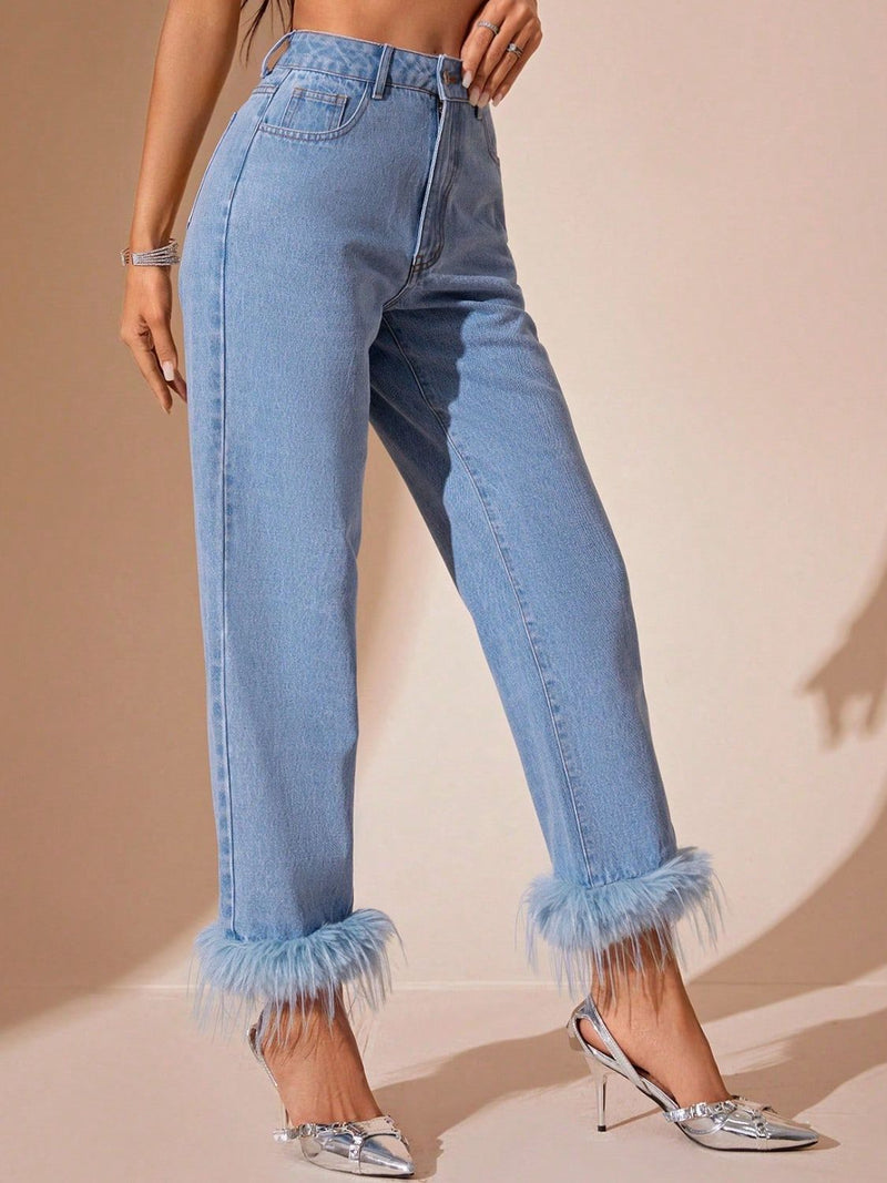 Plush Hem High Rise Straight Jeans - Trandify Deal