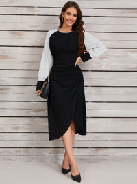 Ruched Contrast Long Sleeve Midi Dress Trandify Deal