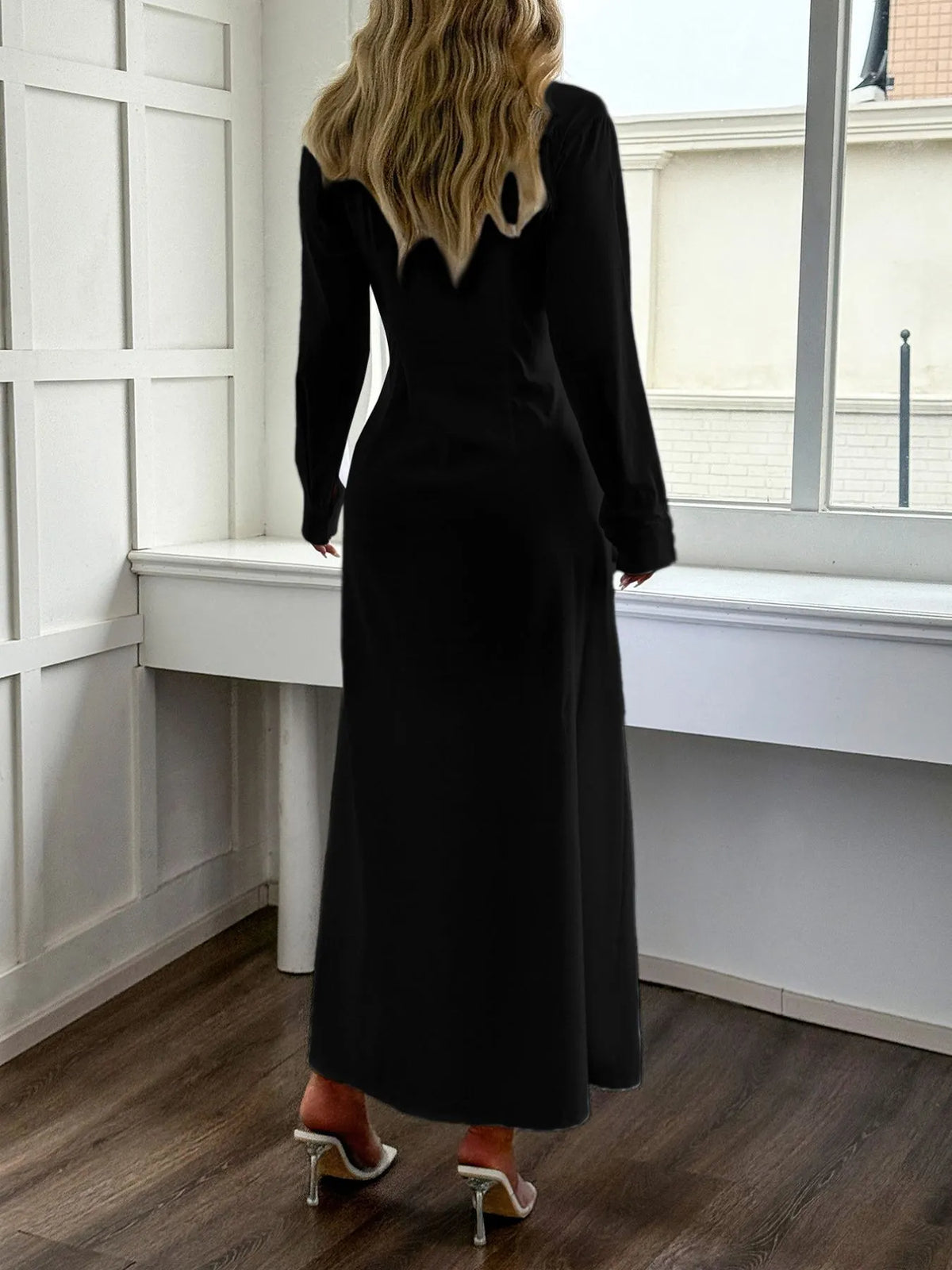 Elegant Slit Long Sleeve Maxi Shirt Dress for Women – Flowy Casual & Office Wear