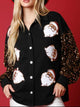 Women's Santa Christmas Sequin Shirt - Front view showing red sequin Santa design on a black long-sleeve top for holiday parties