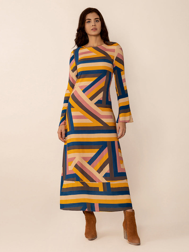 Contrast Round Neck Flare Sleeve Midi Dress Trandify Deal