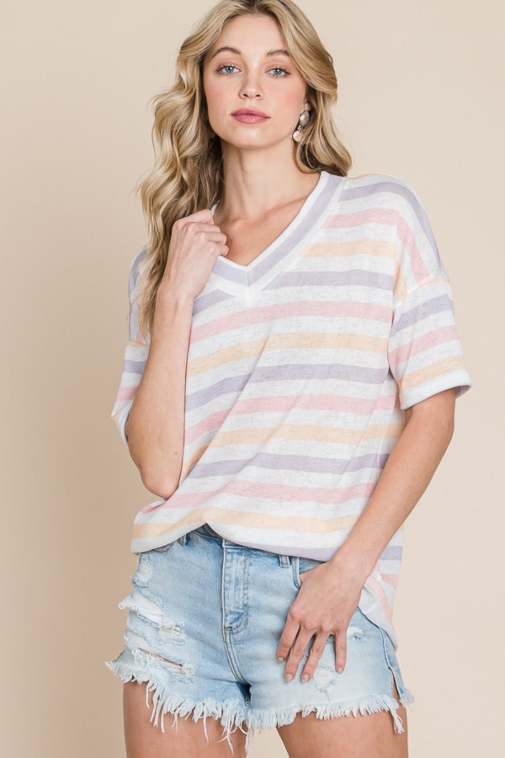BOMBOM Striped V-Neck Short Sleeve T-Shirt Trandify deal