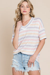 BOMBOM Striped V-Neck Short Sleeve T-Shirt Trandify deal