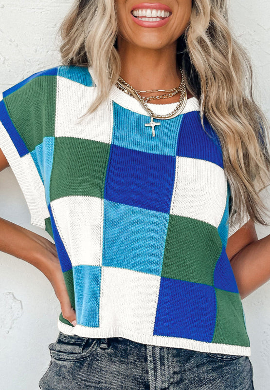 Contrast Plaid Round Neck Cap Sleeve Sweater Trandify Deal