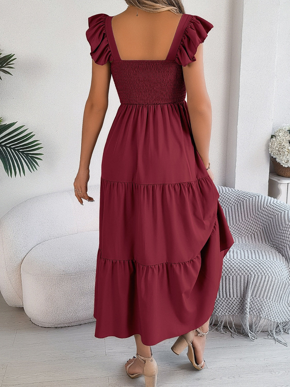 Smocked Square Neck Cap Sleeve Midi Dress Trandify deal
