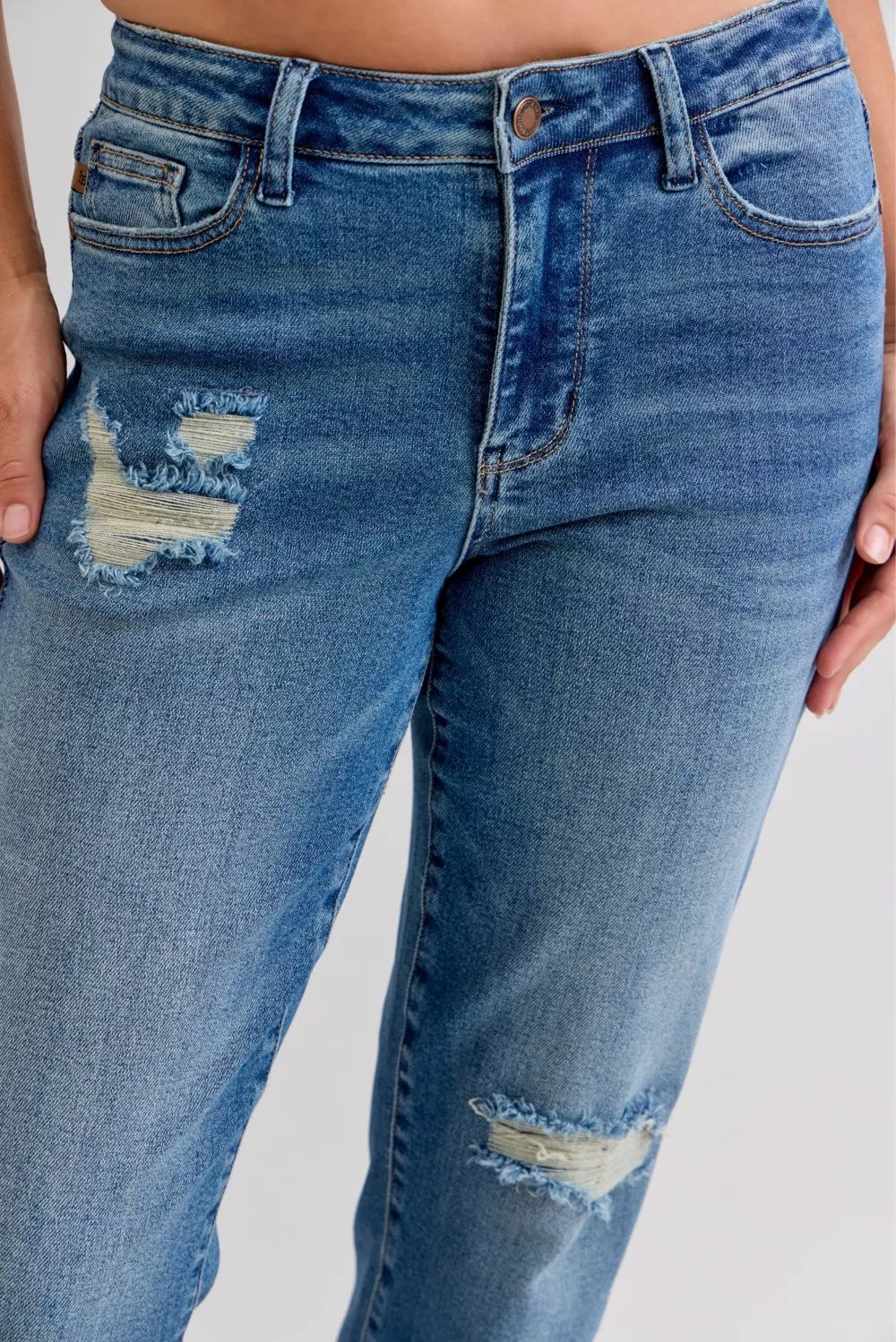 Women's Distressed Jeans | Mid Rise Patch & Repair Boyfriend Fit