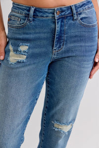 Women's Distressed Jeans | Mid Rise Patch & Repair Boyfriend Fit