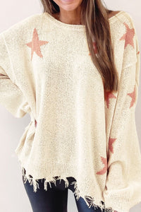 Contrast Star Raw Hem Long Sleeve Knit Top Trandify deal