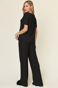 Double Take Full Size Round Neck Short Sleeve T-Shirt and Wide Leg Pants Set Trandify Deal