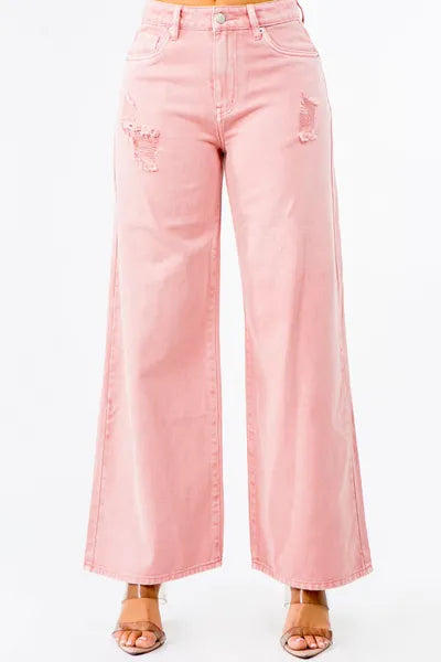 Trendy Distressed Denim Wide Leg Jeans – High Waist Comfort Fit