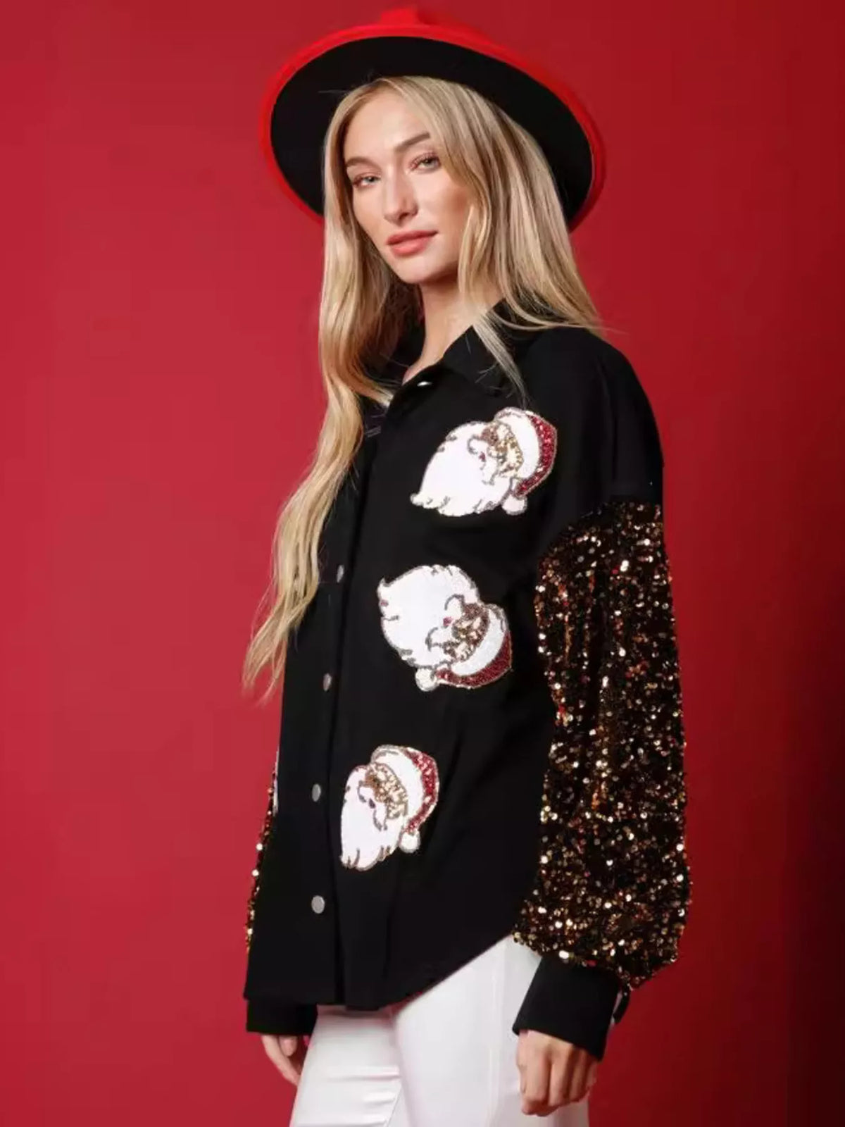 Women's Santa Christmas Sequin Shirt - Front view showing red sequin Santa design on a black long-sleeve top for holiday parties