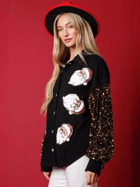 Women's Santa Christmas Sequin Shirt - Front view showing red sequin Santa design on a black long-sleeve top for holiday parties