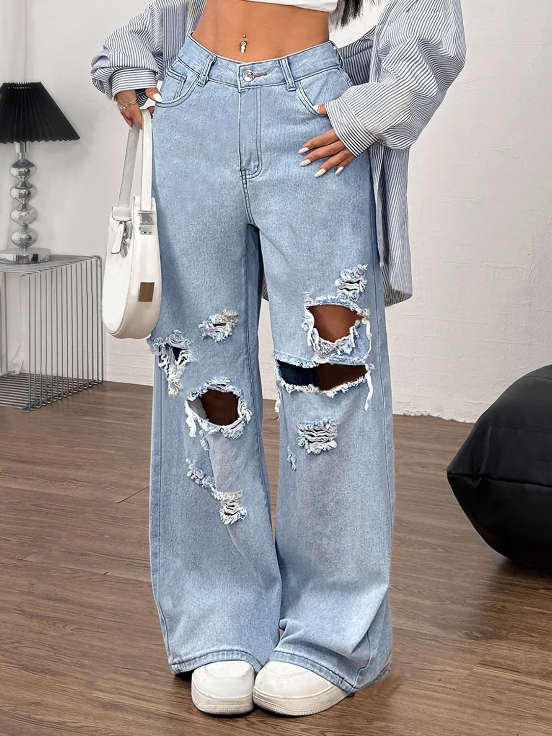 Distressed Wide Leg Jeans with Pockets Trandify Deal