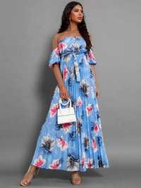 Pleated Floral Off-Shoulder Short Sleeve Midi Dress Trandify deal