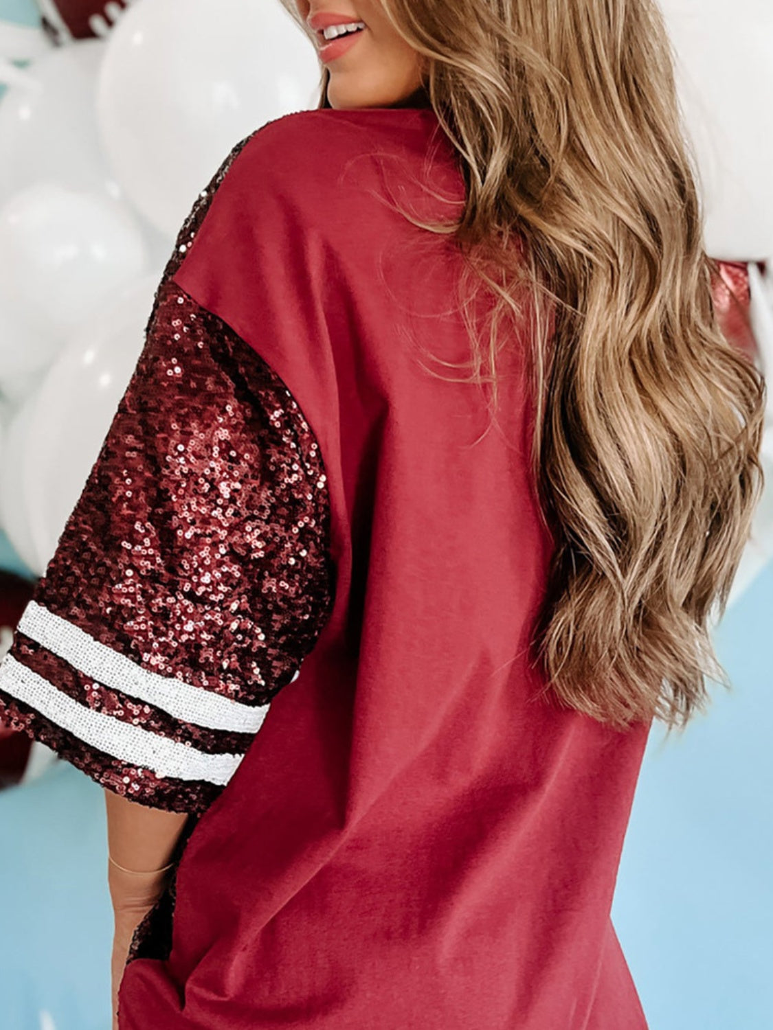 Sequin Football Round Neck Half Sleeve Oversize Top Trandify Deal