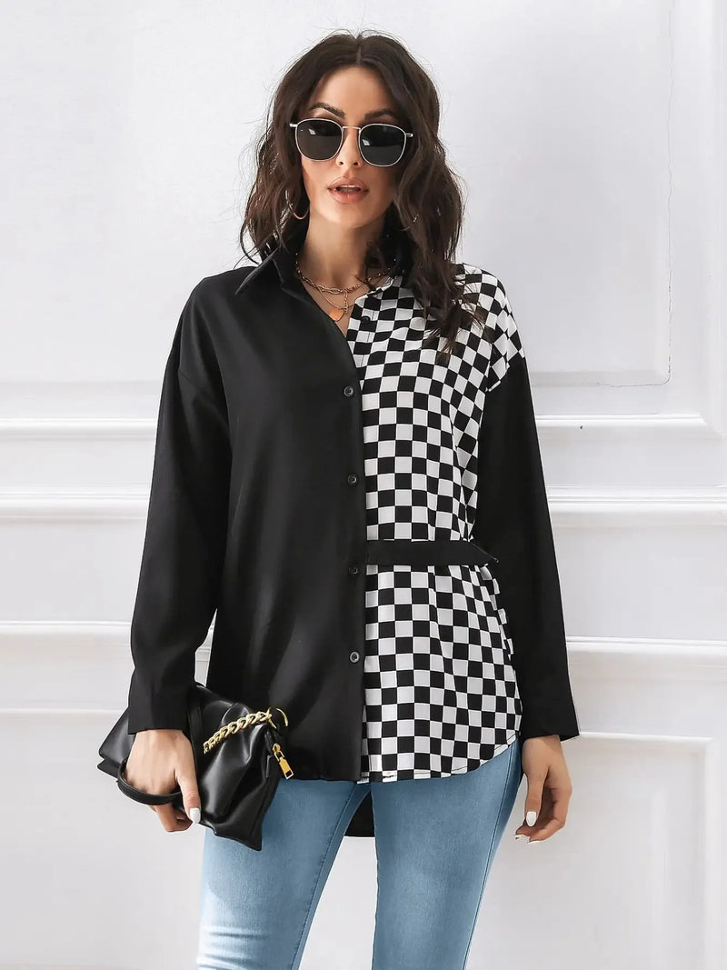 Women’s Checkered Long Sleeve Shirt in Classic Plaid Pattern – Trendy Casual & Office Blouse