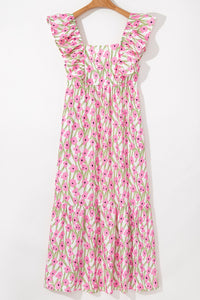 Floral Print Square Neck Ruffled Cap Sleeve Maxi Dress - Trandify deal