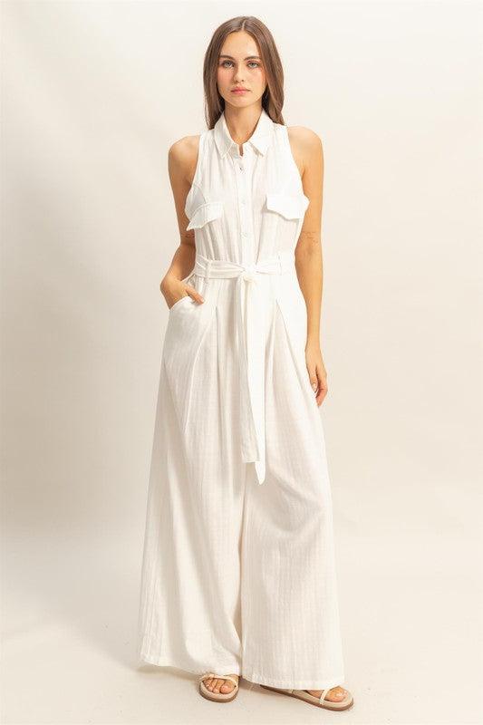 HYFVE Sleeveless Tie Waist Wide Leg Jumpsuit – Women’s Fashion Outfit | TrandifyDeal