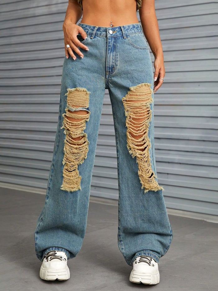 Distressed Wide Leg Jeans with Pockets Trandify Deal