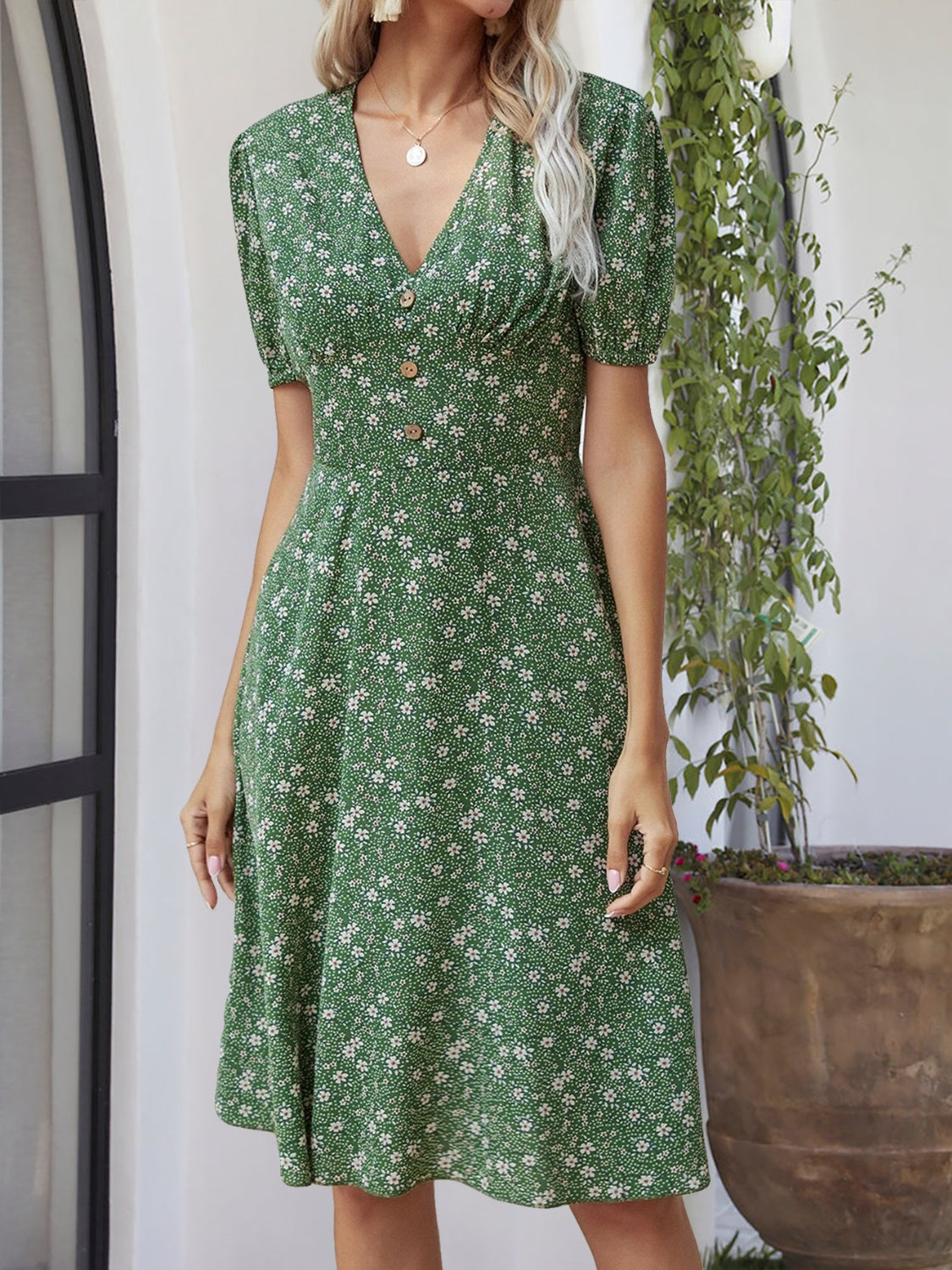 Printed V-Neck Short Sleeve Dress Trandify deal