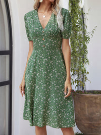 Printed V-Neck Short Sleeve Dress Trandify deal