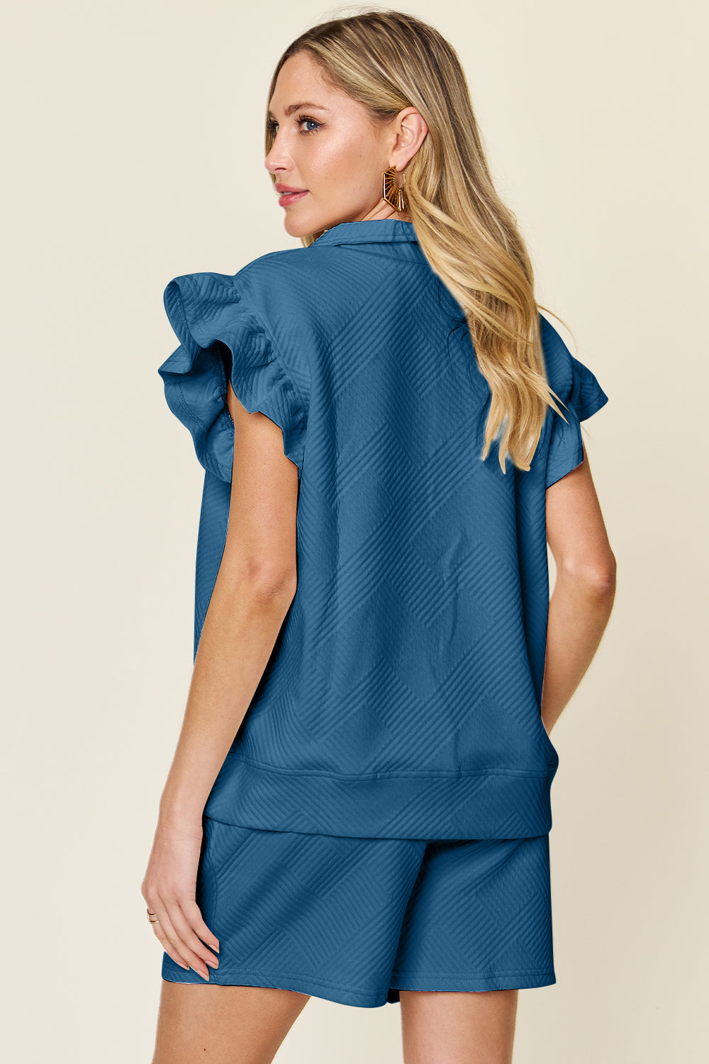 Double Take Full Size Texture Flounce Sleeve Top and Drawstring Shorts Set - Trandify Deal