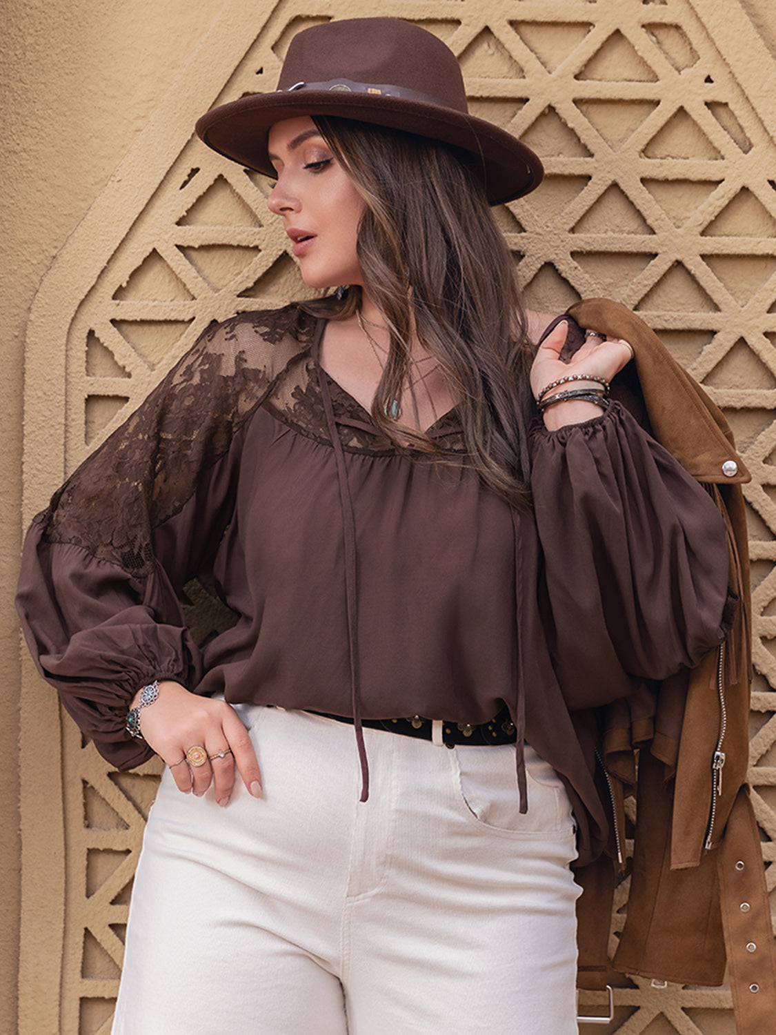 Plus Size Lace Detail Tie Neck Long Sleeve Blouse Trandify deal