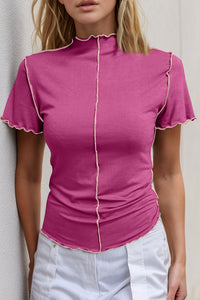 Basic Bae Contrast Trim Mock Neck Short Sleeve T-Shirt - Trandify Deal