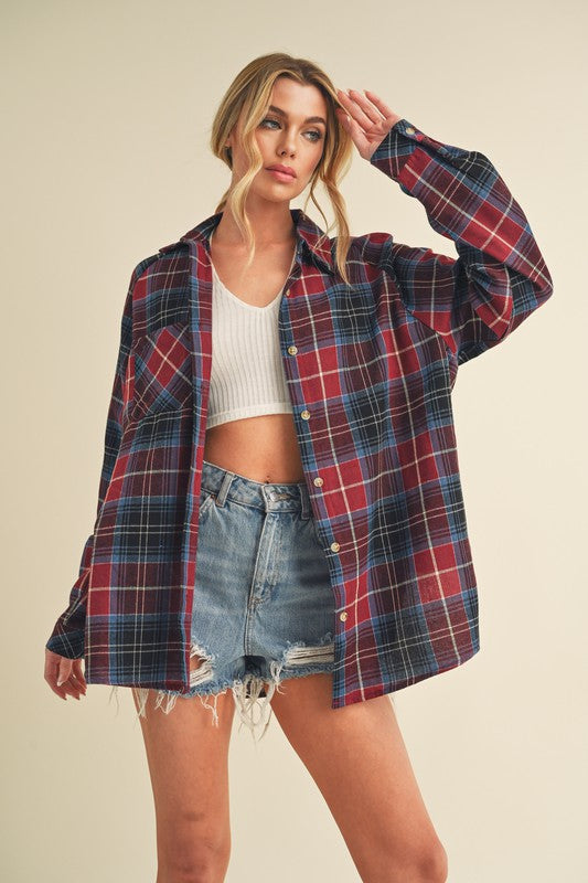 Women’s Flannel Plaid Shirt – Raglan Sleeve Button-Up Top for Casual Wear
