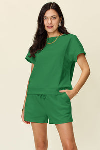 Double Take Full Size Texture Short Sleeve T-Shirt and Drawstring Shorts Set Trandify deal