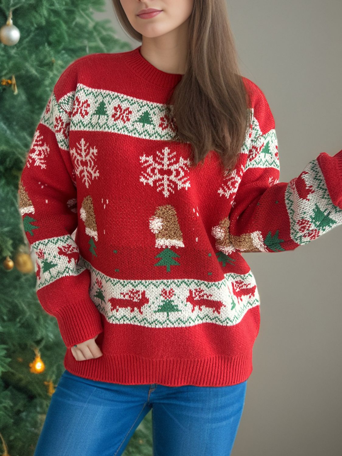 Christmas Element Round Neck Long Sleeve Sweater Trandify Deal