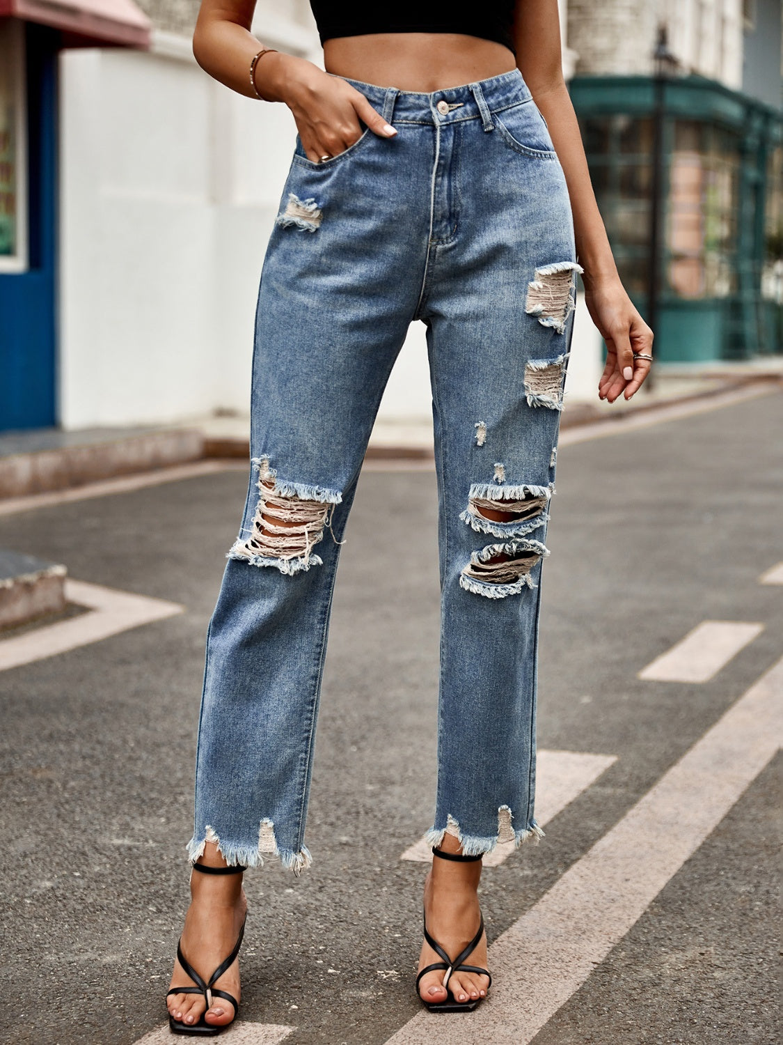 Distressed Raw Hem Jeans with Pockets Trandify Deal