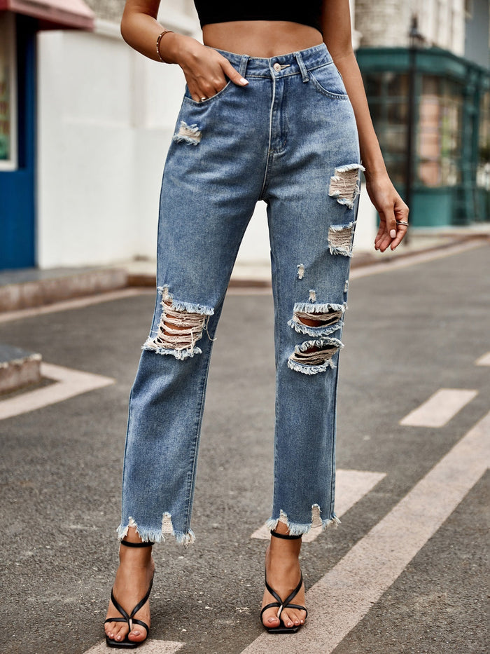Distressed Raw Hem Jeans with Pockets Trandify Deal