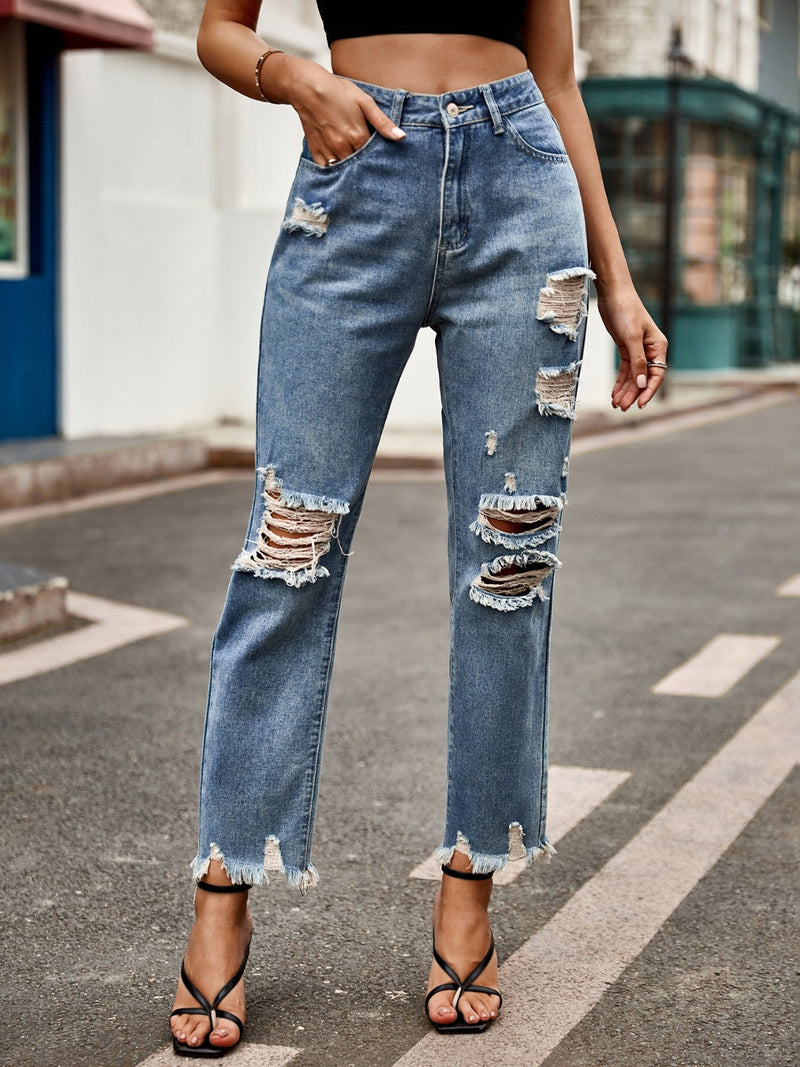 Distressed Raw Hem Jeans with Pockets Trandify Deal