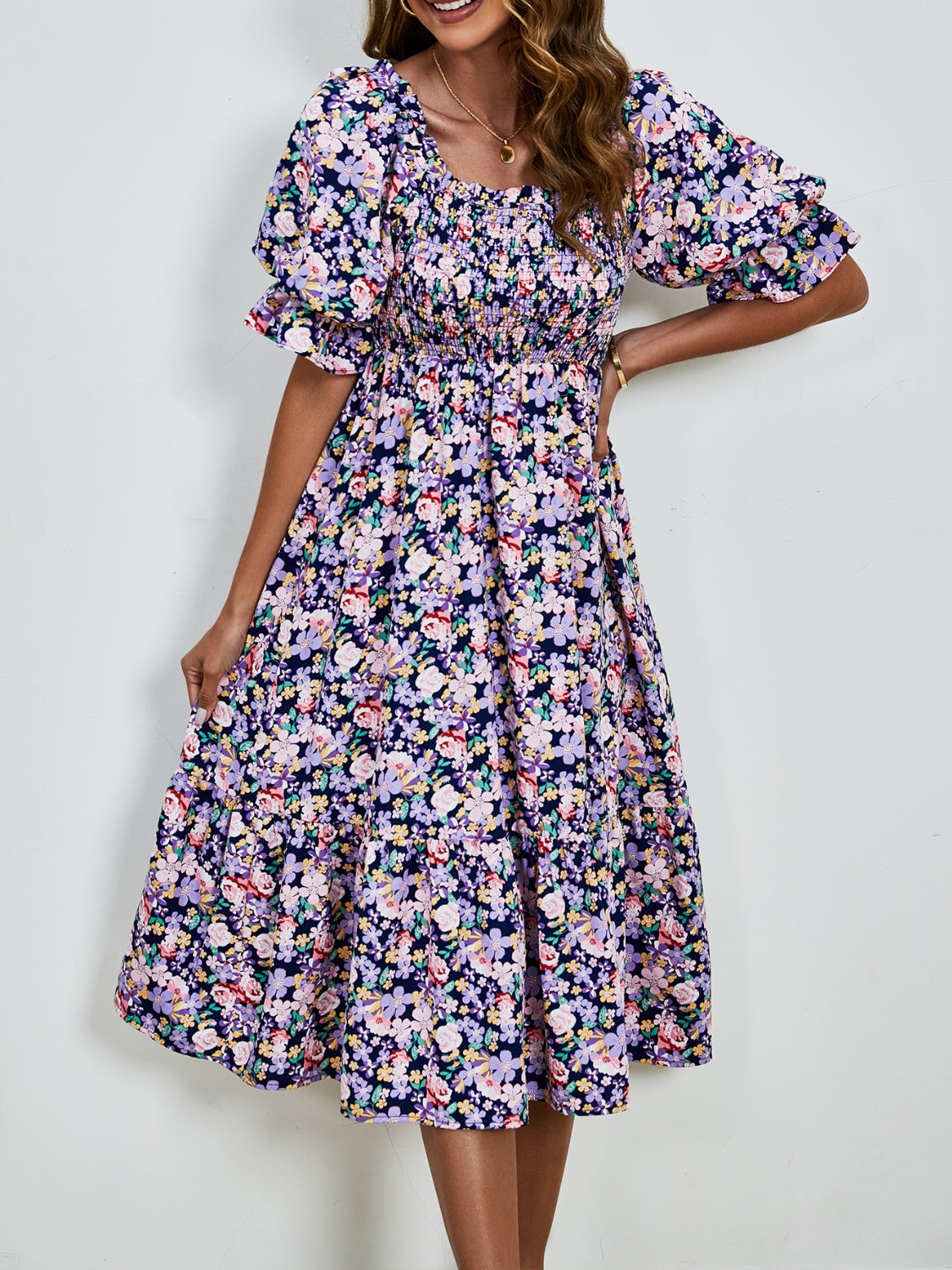 Smocked Floral Square Neck Short Sleeve Dress Trandify deal
