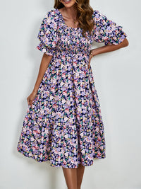 Smocked Floral Square Neck Short Sleeve Dress Trandify deal